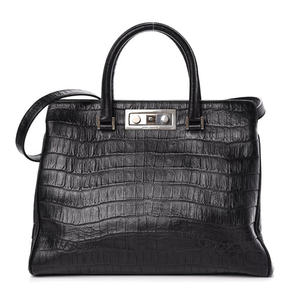 Saint Laurent Calfskin Crocodile Embossed Medium Trois Class Tote Black 1 of 9