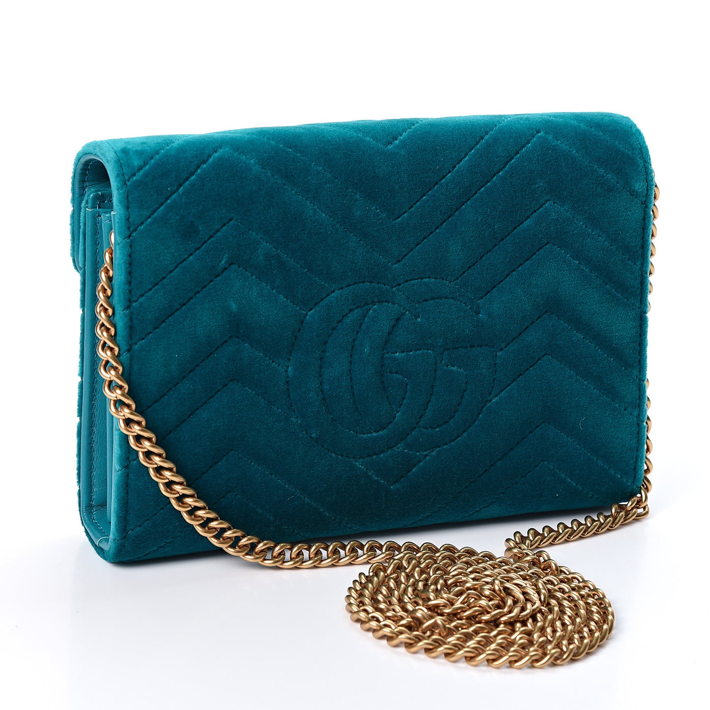 Velvet Matelasse GG Marmont Chain Wallet Pavone Cyan