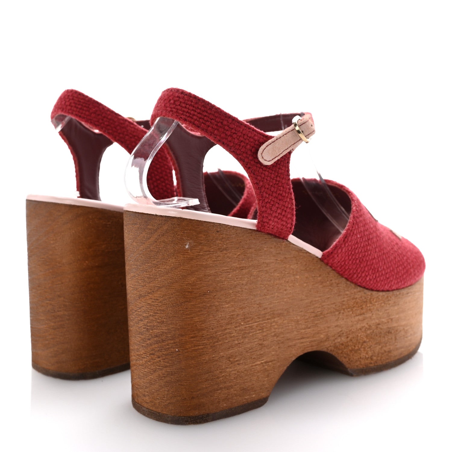 Chanel Fabric Calfskin Platform Wedge Sandals 37 Dark Red Light Pink 5 of 9
