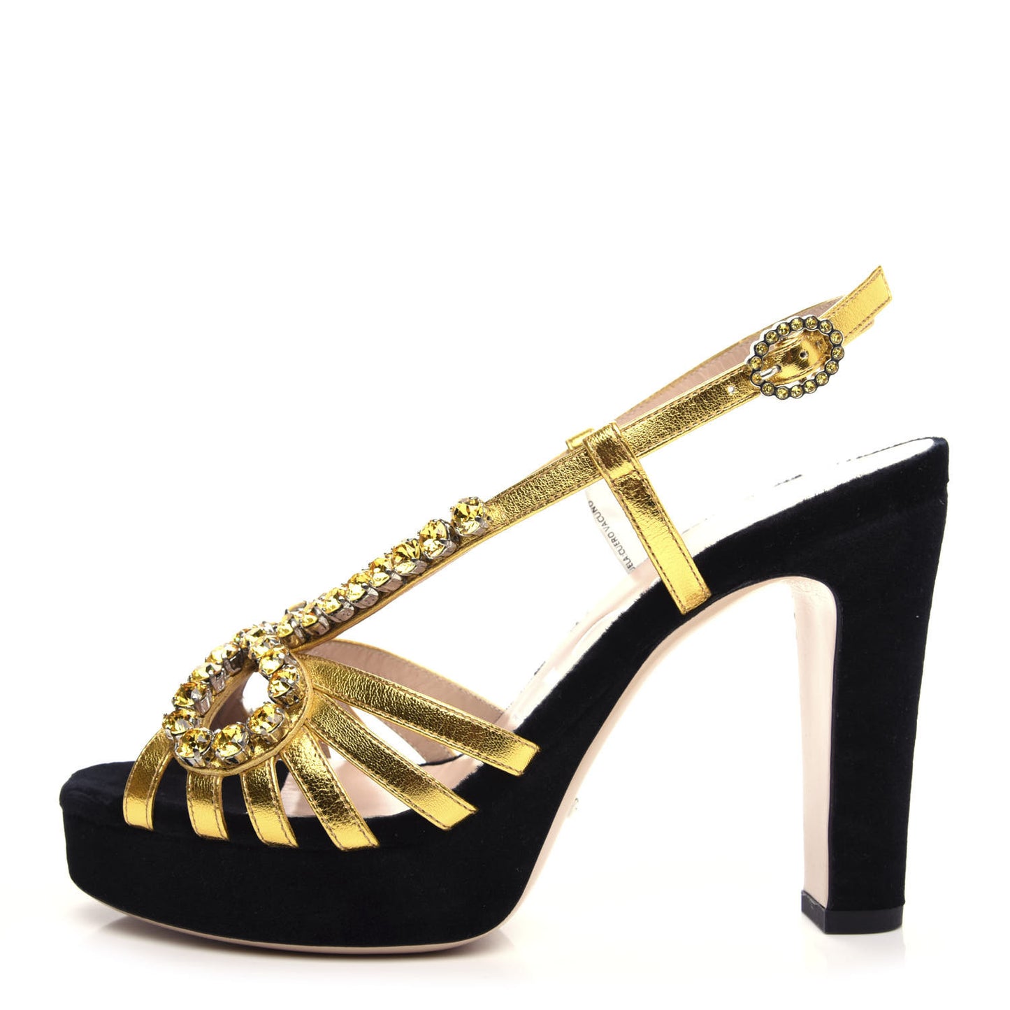 Velvet Nappa Crystal Zephyra Slingback Platform High Heel Sandals 37.5 Black Gold