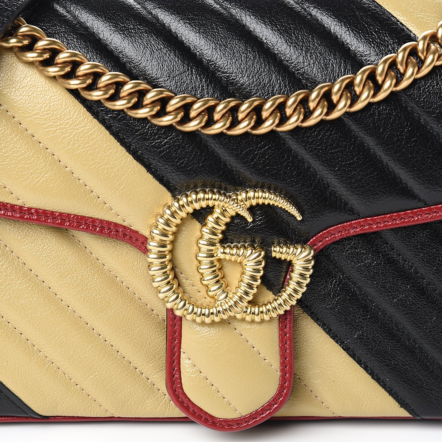Vintage Effect Calfskin Matelasse Diagonal Striped Small Torchon GG Marmont Shoulder Bag Black Beige