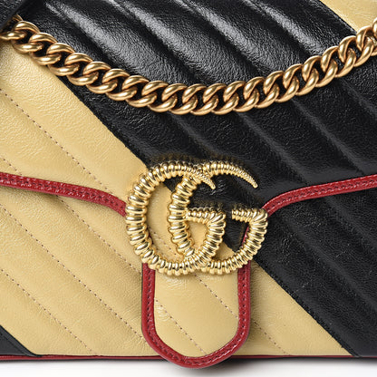 Gucci Vintage Effect Calfskin Matelasse Diagonal Striped Small Torchon GG Marmont Shoulder Bag Black Beige 9 of 9