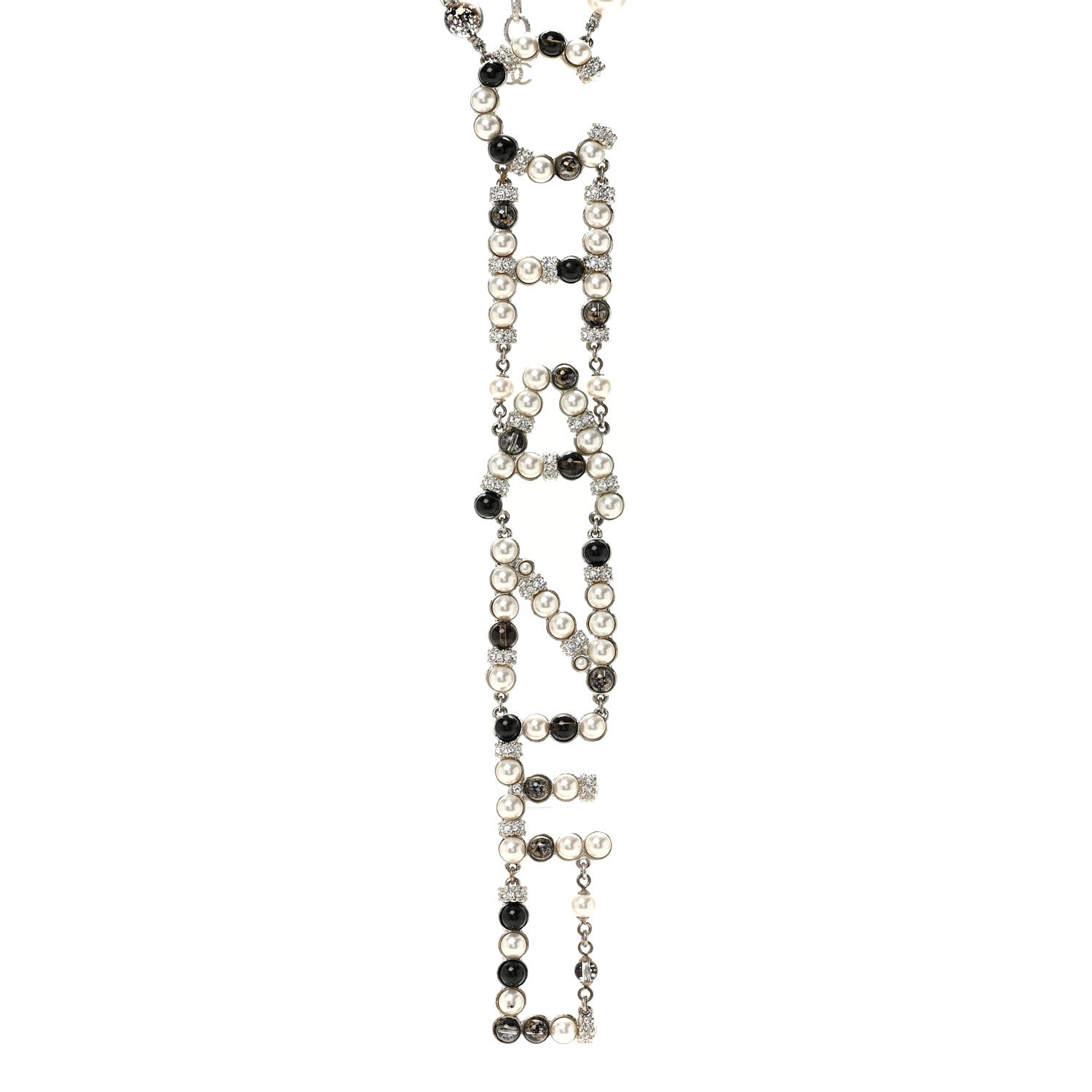 Chanel Pearl Crystal Bead Chanel Logo Necklace Silver 4 of 6