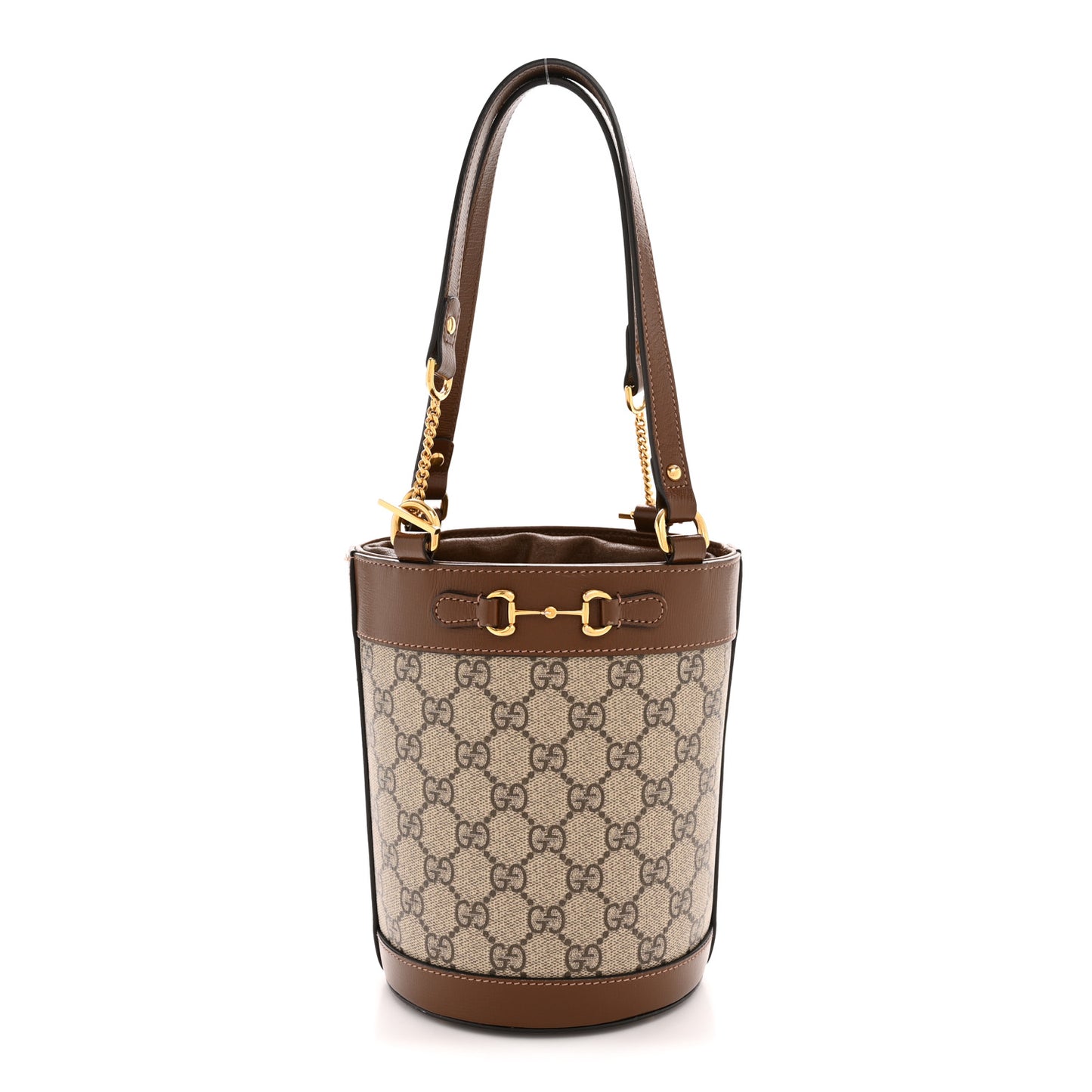 GG Supreme Monogram Azalea Sakai Calfskin Small Horsebit 1955 Drawstring Bucket Bag Beige Ebony Brown Sugar