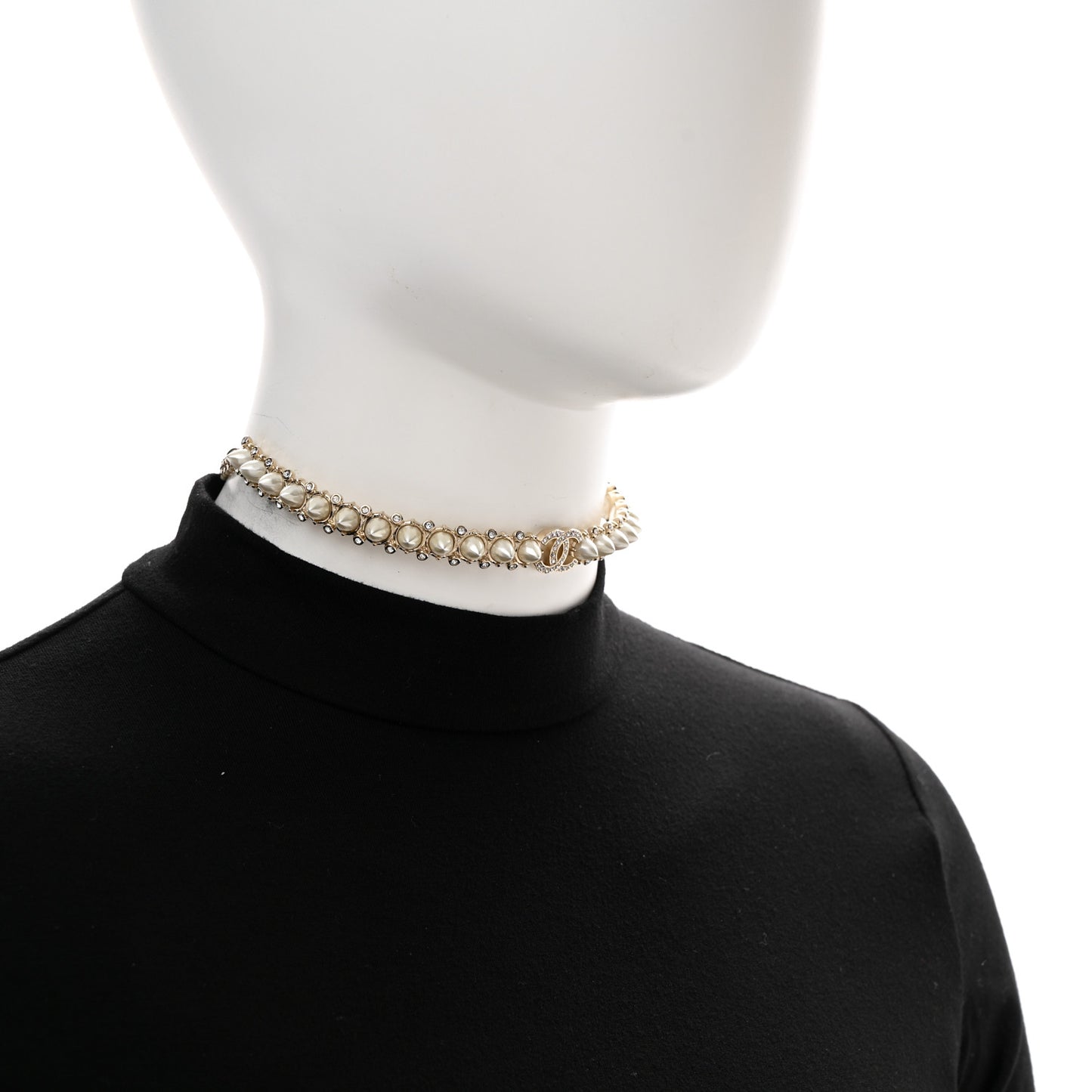 Strass Crystal Studded Pearl CC Choker Necklace Gold Pearly White