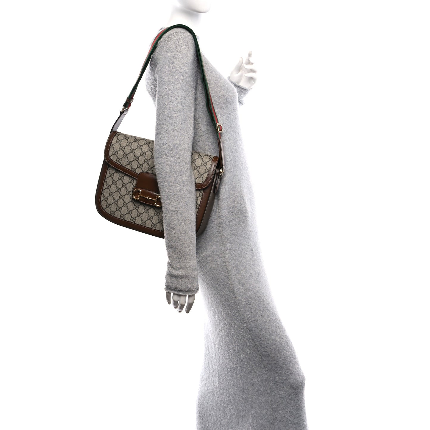 GG Supreme Monogram Azalea Calfskin Web Medium Horsebit 1955 Shoulder Bag Beige Ebony Brown Sugar