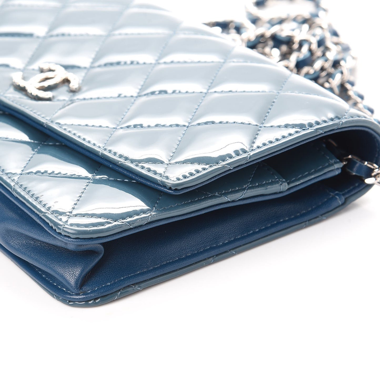 Patent Quilted Brilliant Wallet On Chain WOC Blue