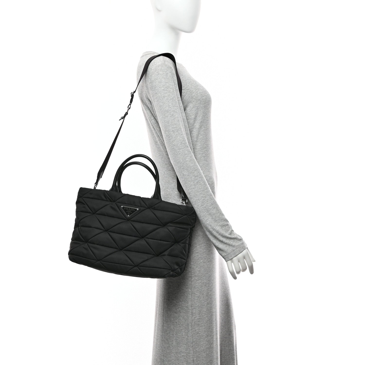 Prada Re-Nylon Nappa Triangle Quilted Padded Medium Double Handled Zip Tote Black 2 of 10