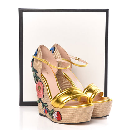 Gucci Metallic Nappa Ophelia Espadrille Platform Wedge Sandals 39.5 Oro Vecchio 9 of 9