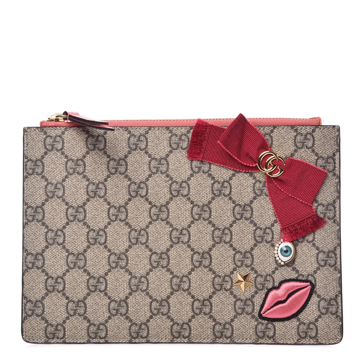 GG Supreme Monogram Embroidered Face Zip Pouch Pink