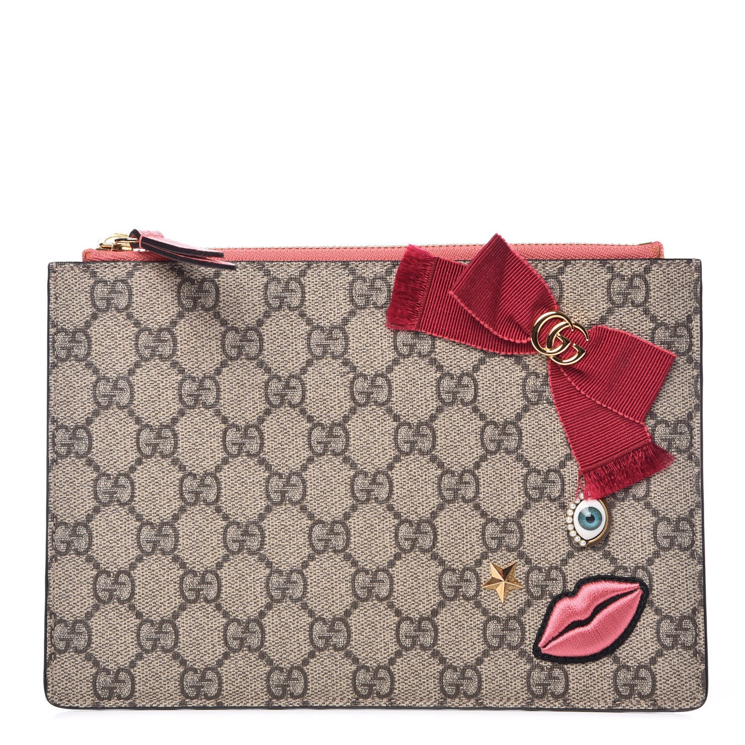 Gucci GG Supreme Monogram Embroidered Face Zip Pouch Pink 1 of 8