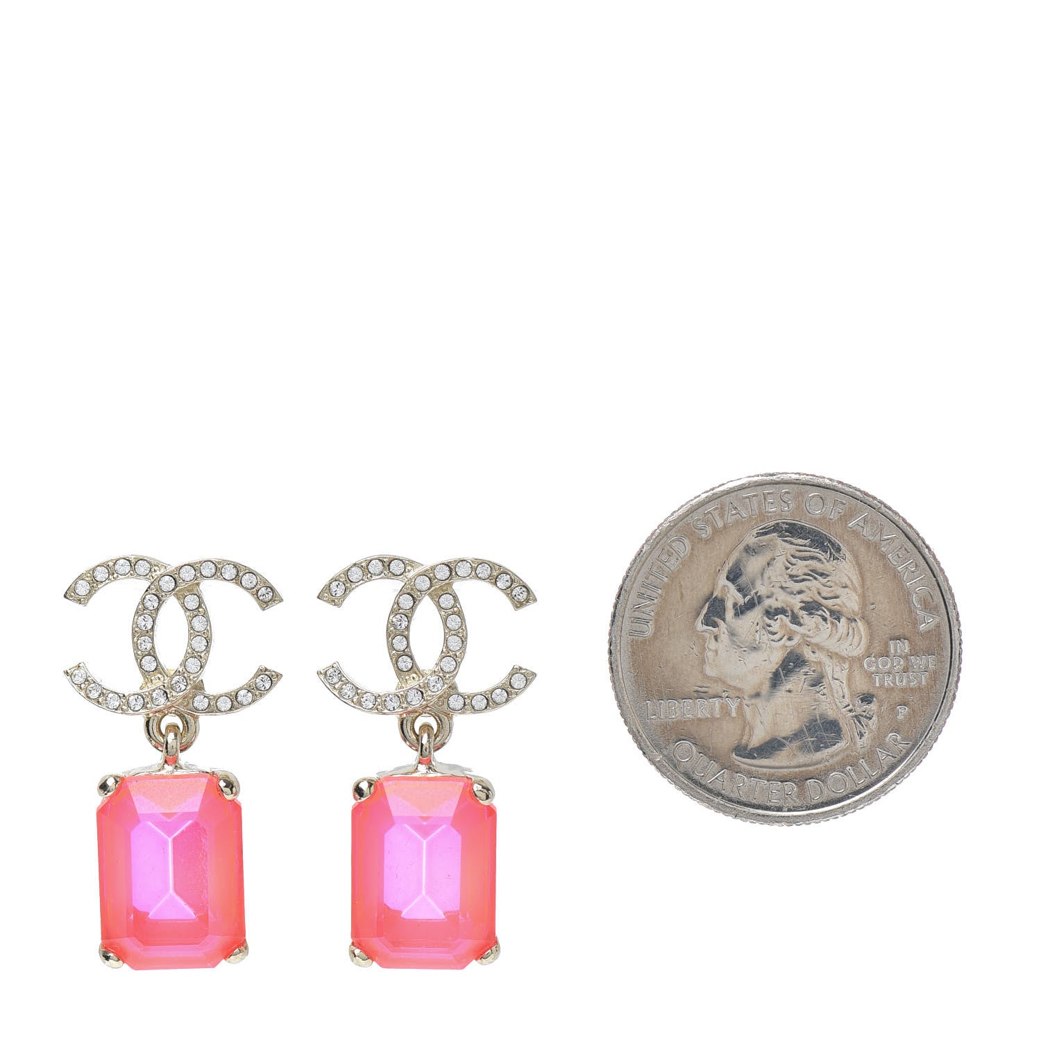 Chanel Metal Crystal CC Earrings Gold Pink 2 of 4