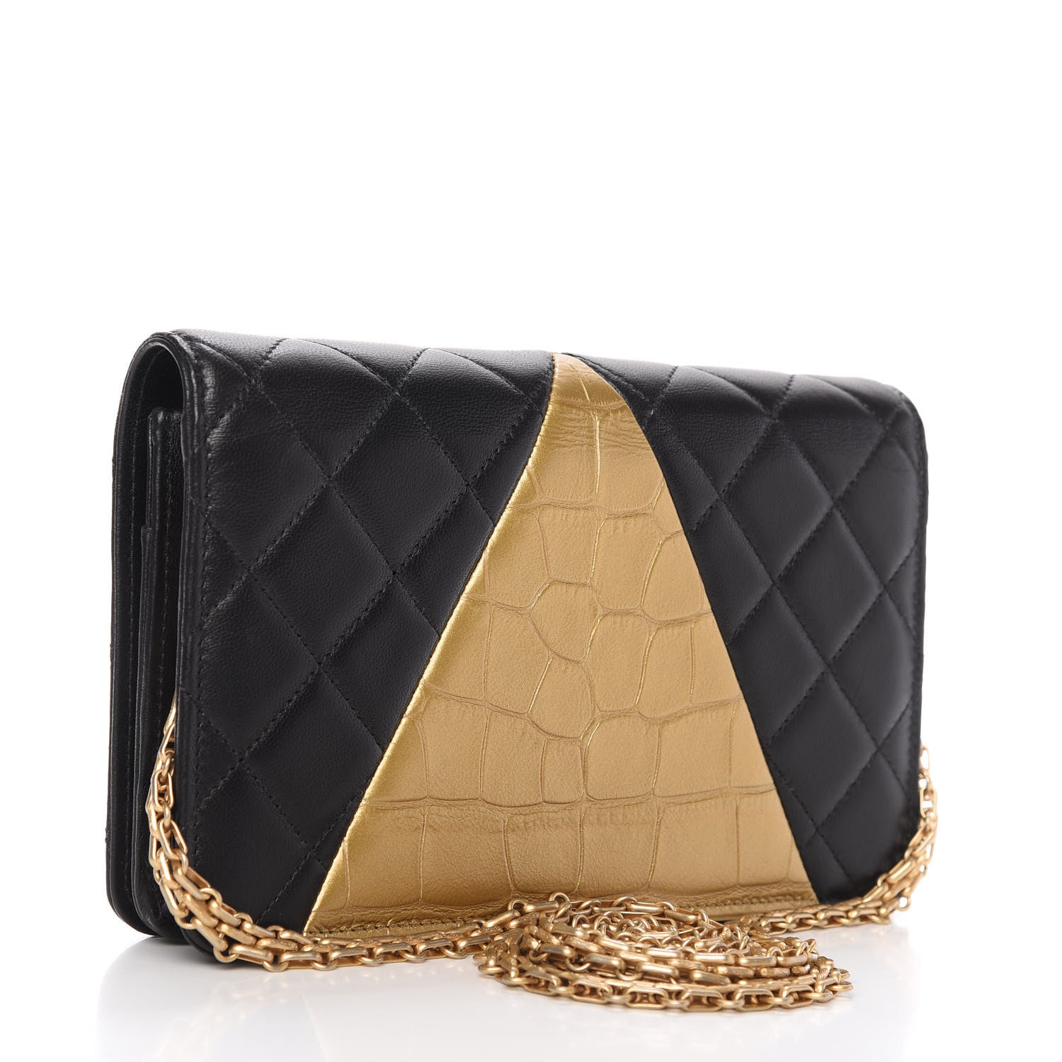 Chanel Lambskin Metallic Calfskin Crocodile Embossed 2.55 Reissue Wallet On Chain WOC Black Gold 3 of 11