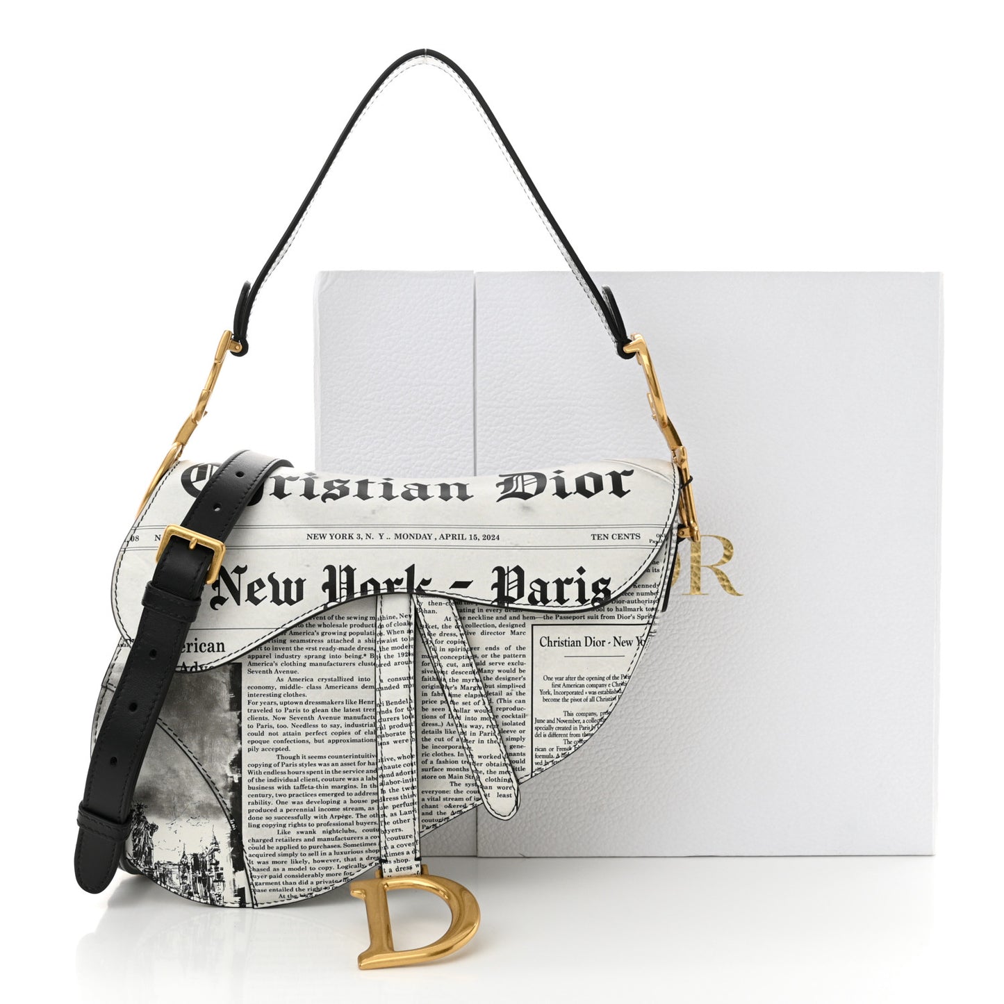 Calfskin Newspaper Printed Saddle Bag With Strap Black White