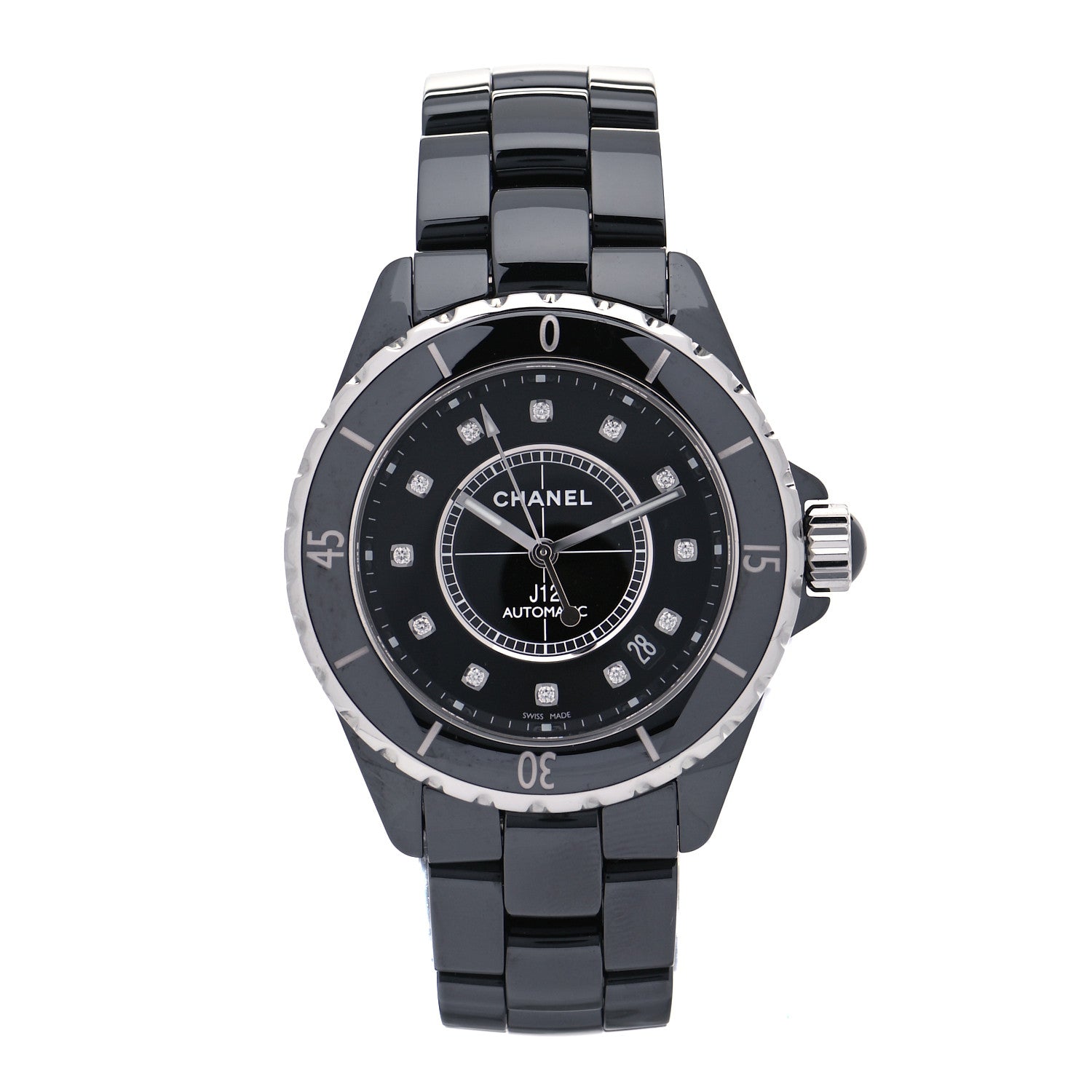 Chanel Stainless Steel Ceramic Diamond 38mm J12 Automatic Watch Black 1 of 5