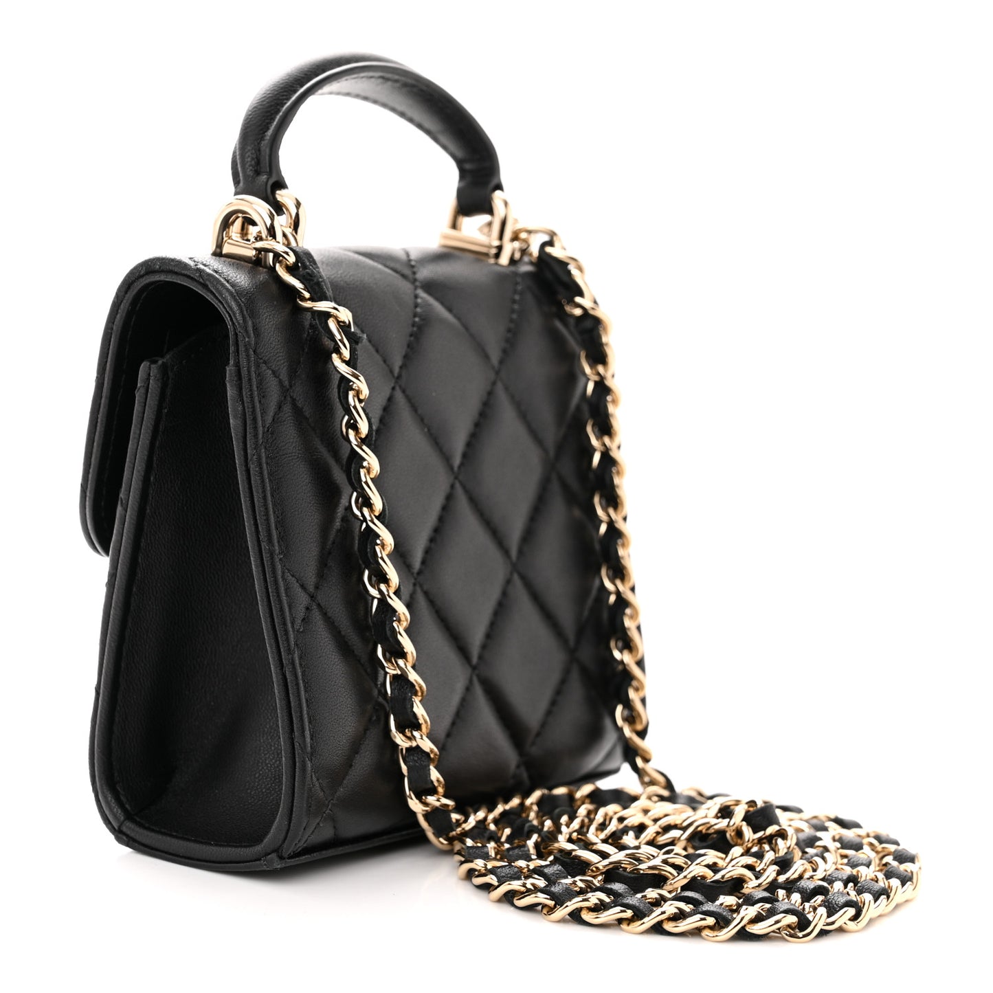 Lambskin Quilted Top Handle Flap Clutch With Chain Black