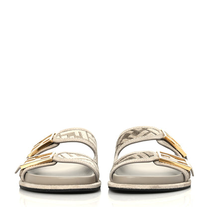 Fendi Chenille Fabric Jacquard Suede FF Womens Fendi Feel Buckled Slide Sandals 38 Tortora Nuvola Rock 2 of 7