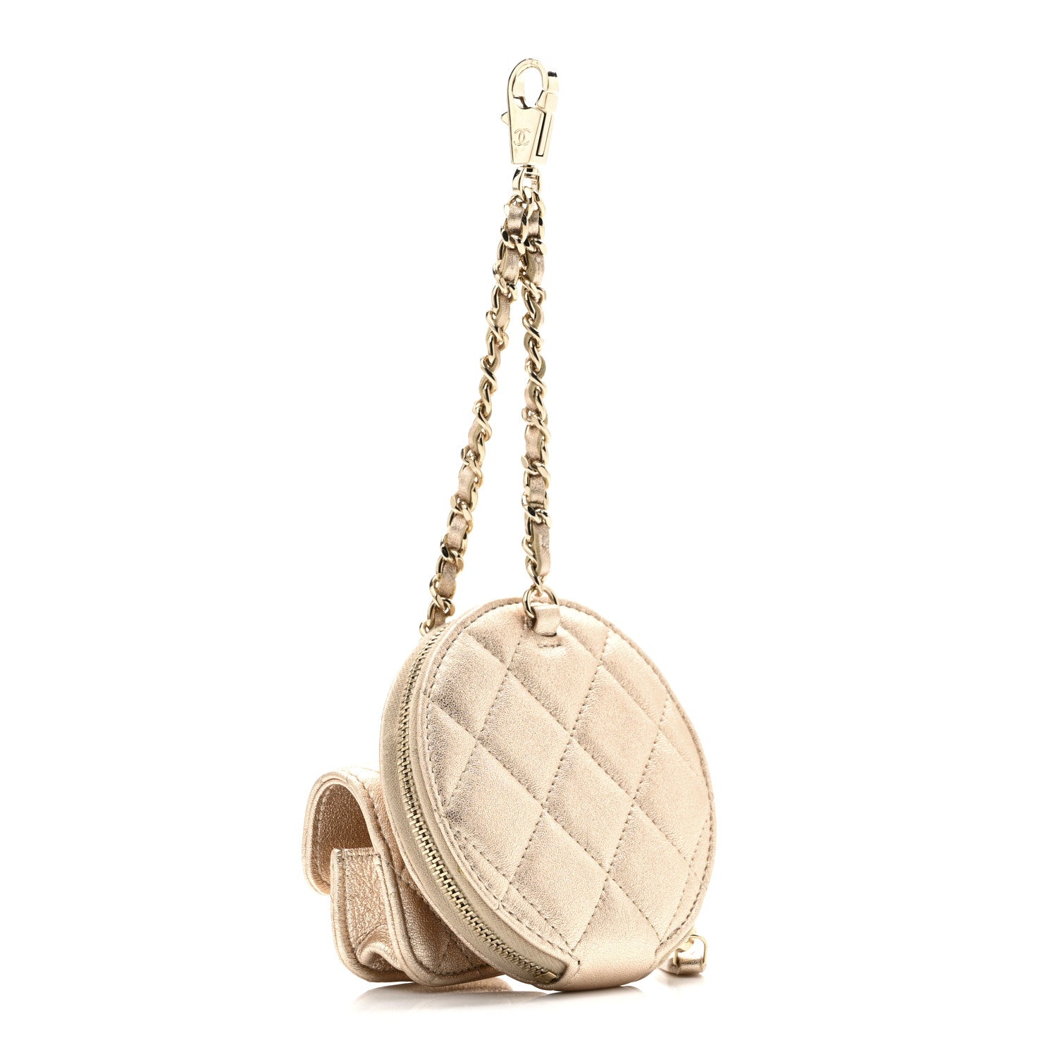 Chanel Metallic Lambskin Quilted Round Clip On Coin Purse Airpods Case Gold 2 of 8