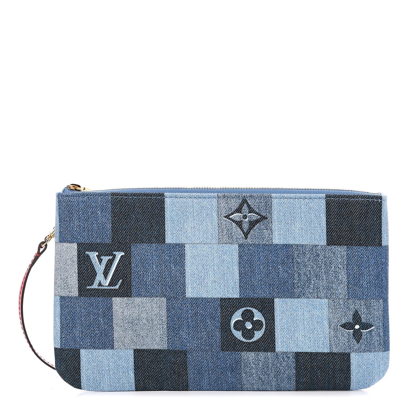 Denim Damier Monogram Patchwork Neverfull MM Pochette Blue Rouge