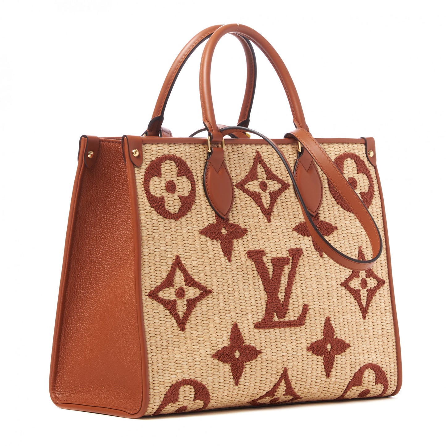 Raffia Calfskin Monogram Giant Onthego MM Tan