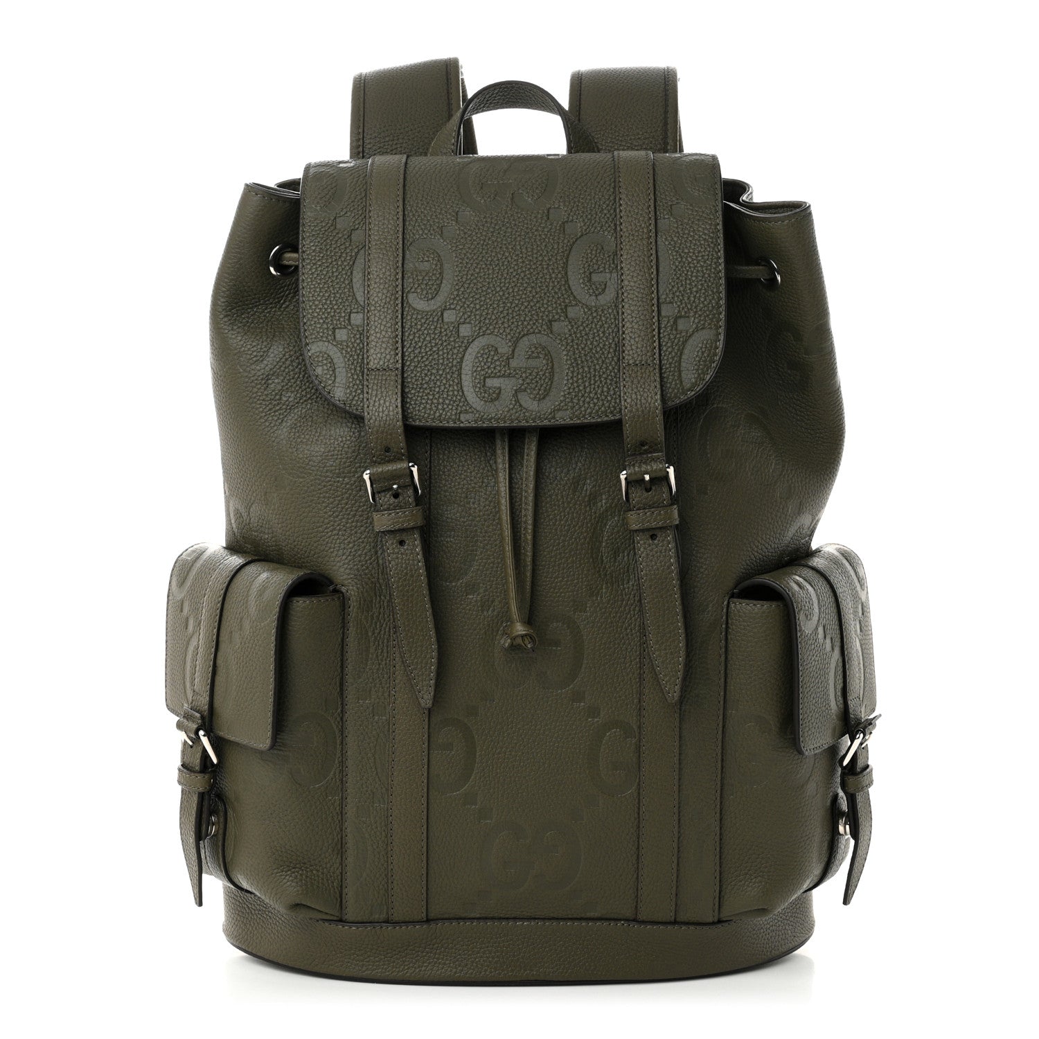 Gucci Piuma Calfskin Jumbo GG Embossed Double Buckle Backpack Dark Vintage Olive 1 of 9