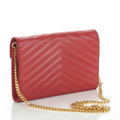 Saint Laurent Grain De Poudre Matelasse Chevron Monogram Chain Wallet Red 3 of 8