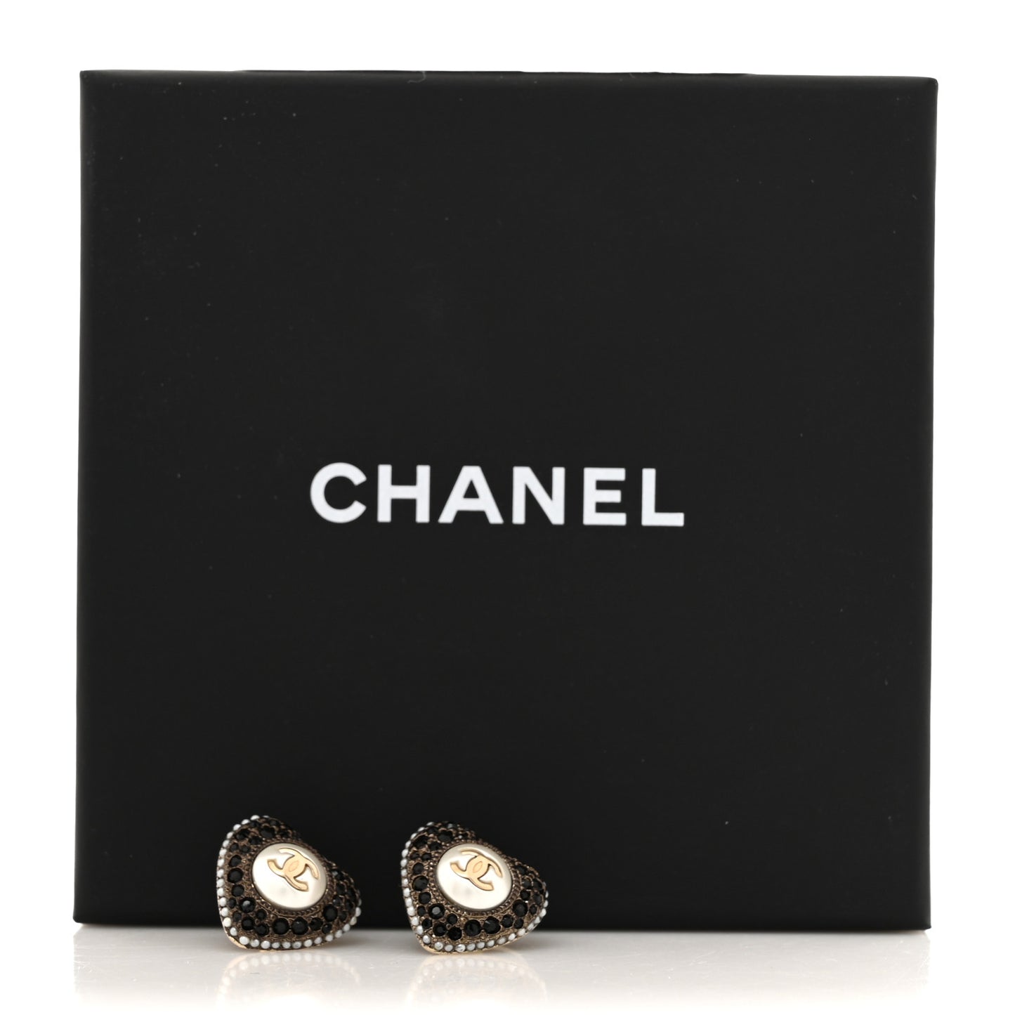 Pearl Crystal CC Heart Earrings Gold Black