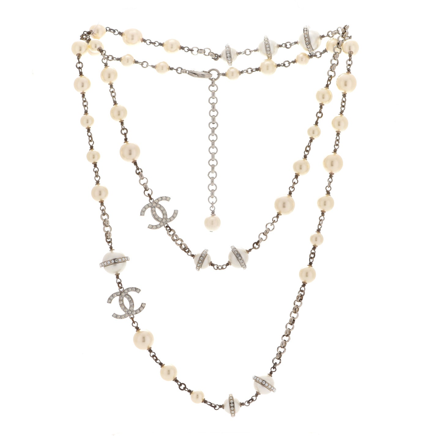 Crystal Pearl Beaded CC Long Necklace Grey