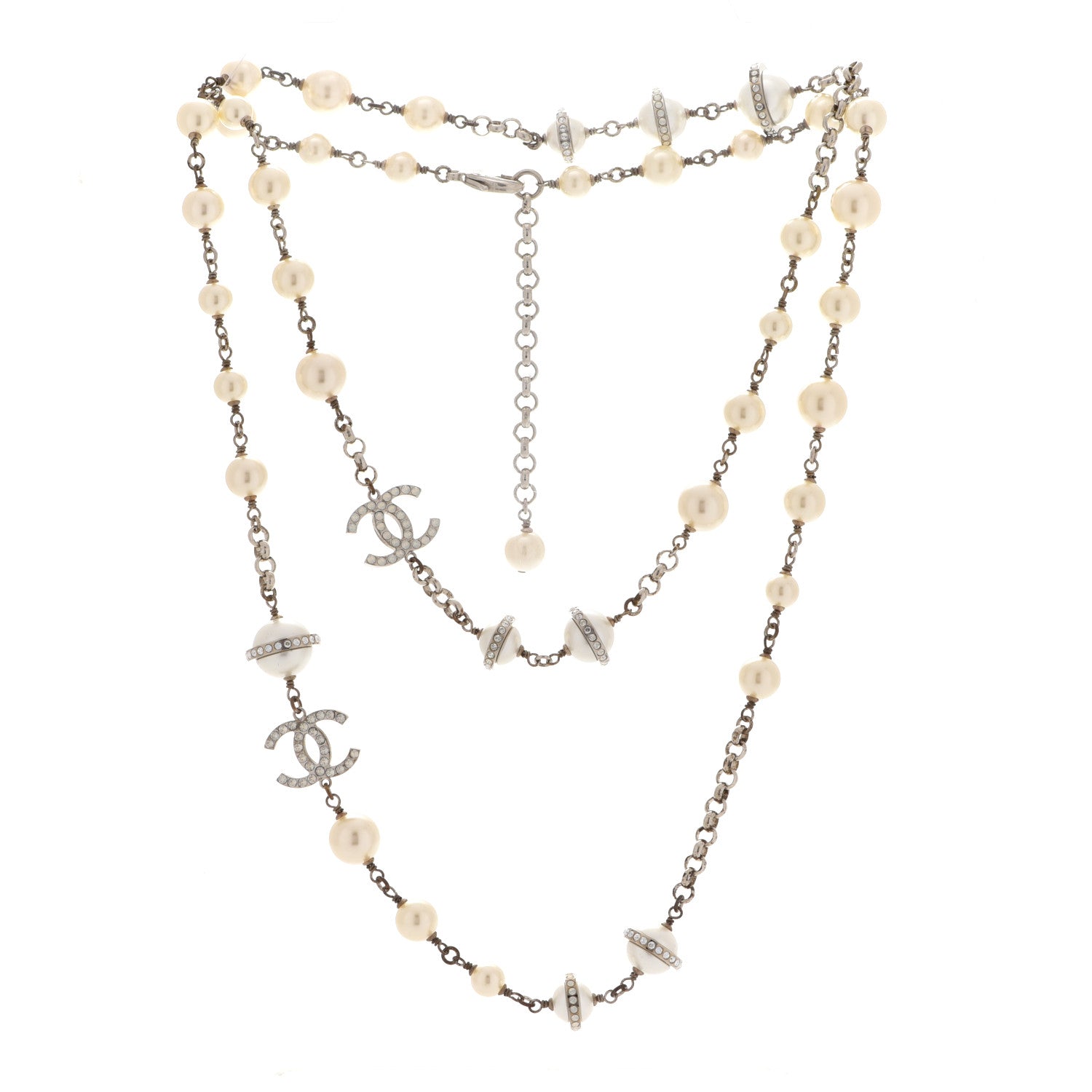 Chanel Crystal Pearl Beaded CC Long Necklace Grey 3 of 6