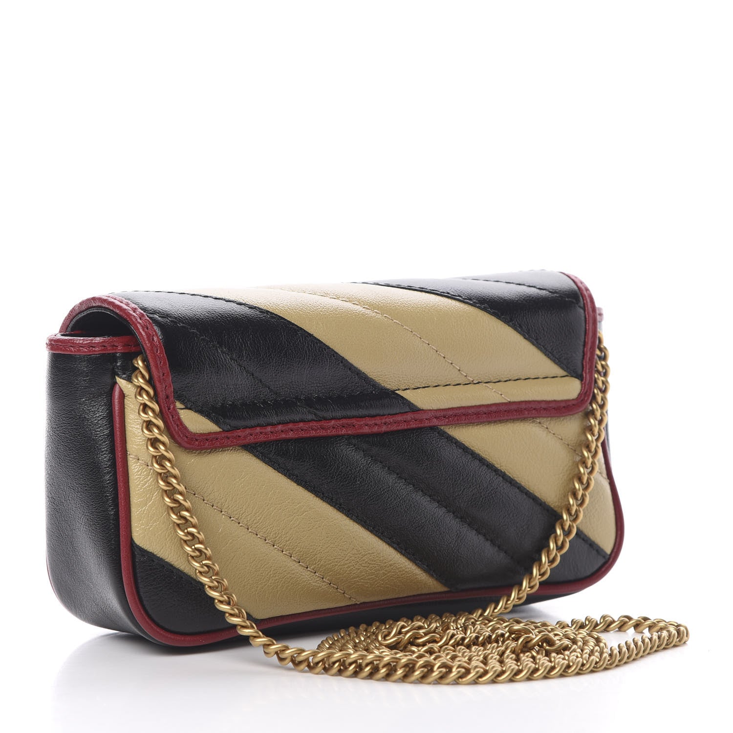 Gucci Vintage Effect Calfskin Matelasse Diagonal Striped Super Mini Torchon GG Marmont Shoulder Bag Black Beige 3 of 11