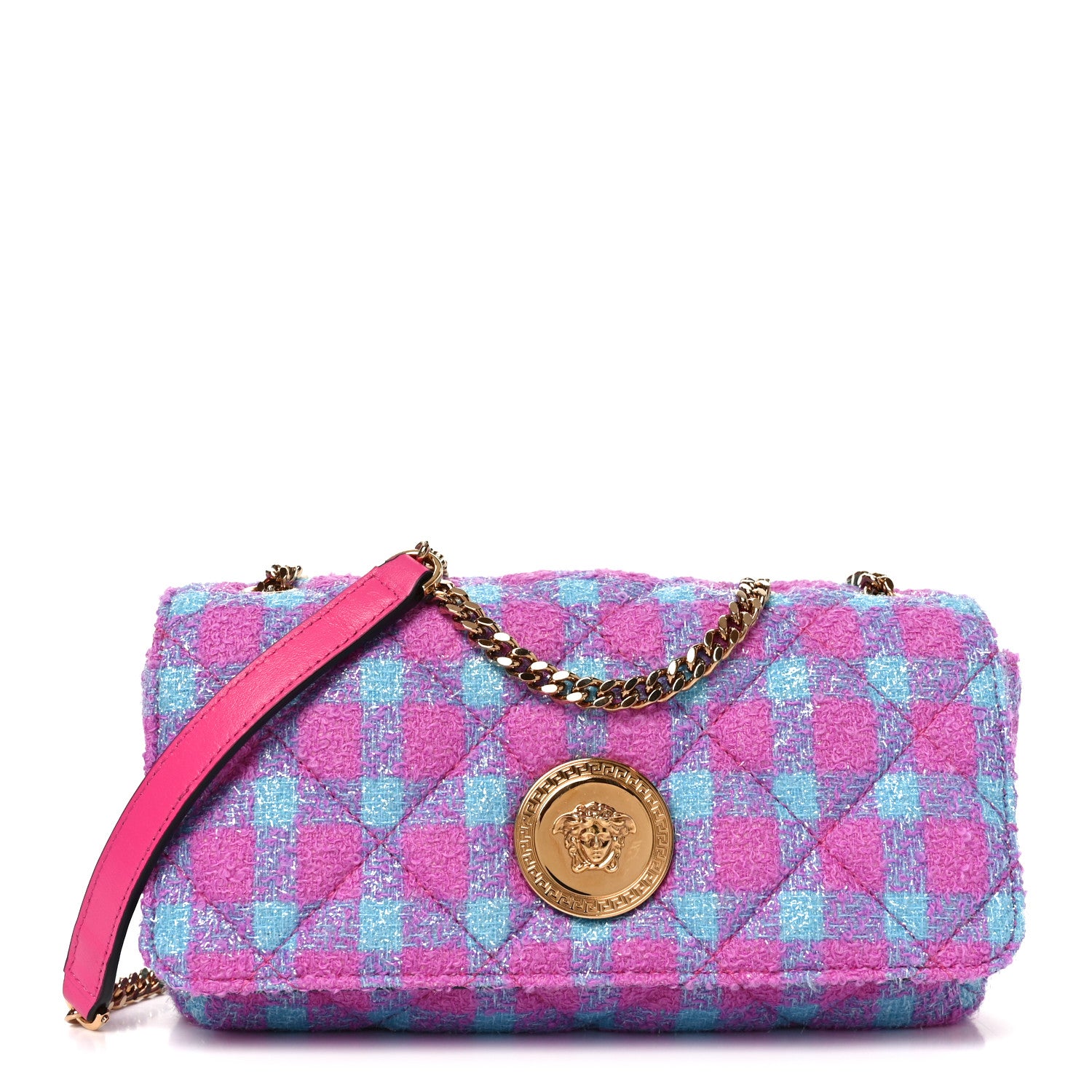 Versace Tweed Quilted Medusa Medium Chain Crossbody Pink Blue 1 of 9