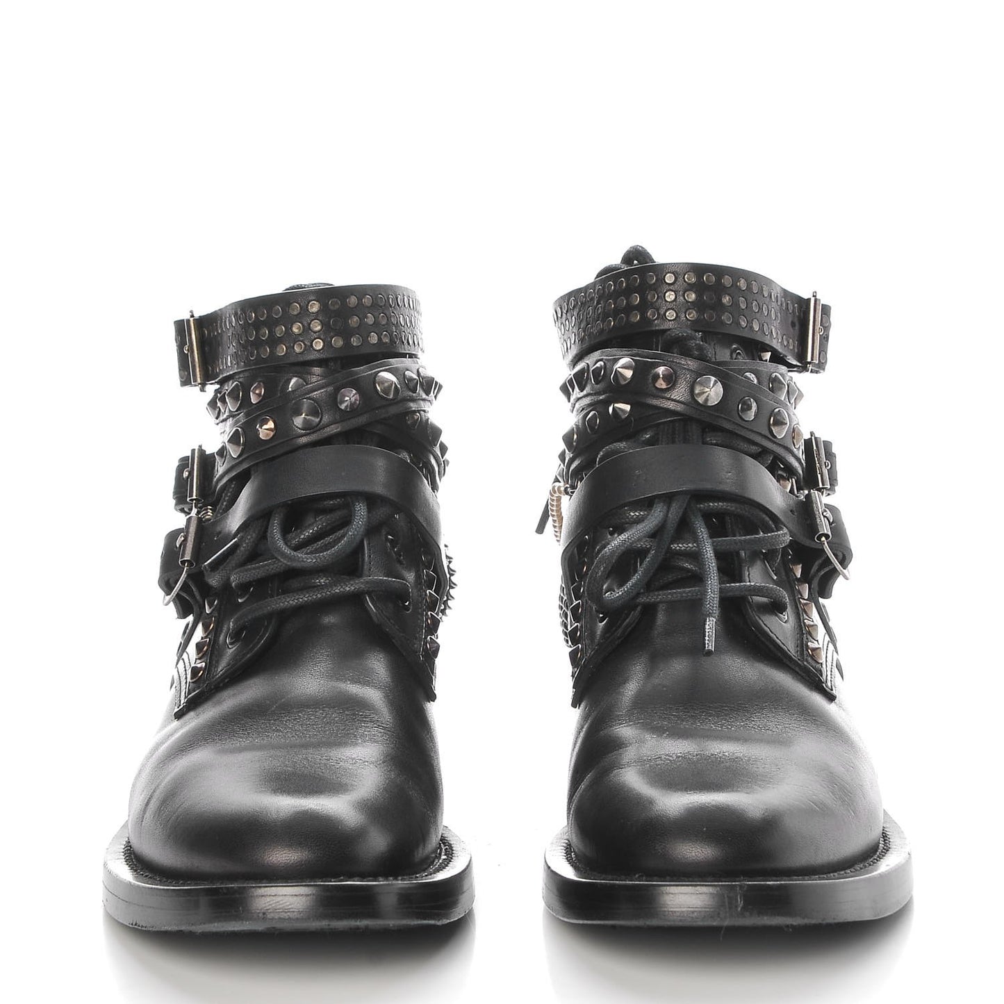 Smooth Calfskin Studded Strap Ranger Boots 37.5 Black