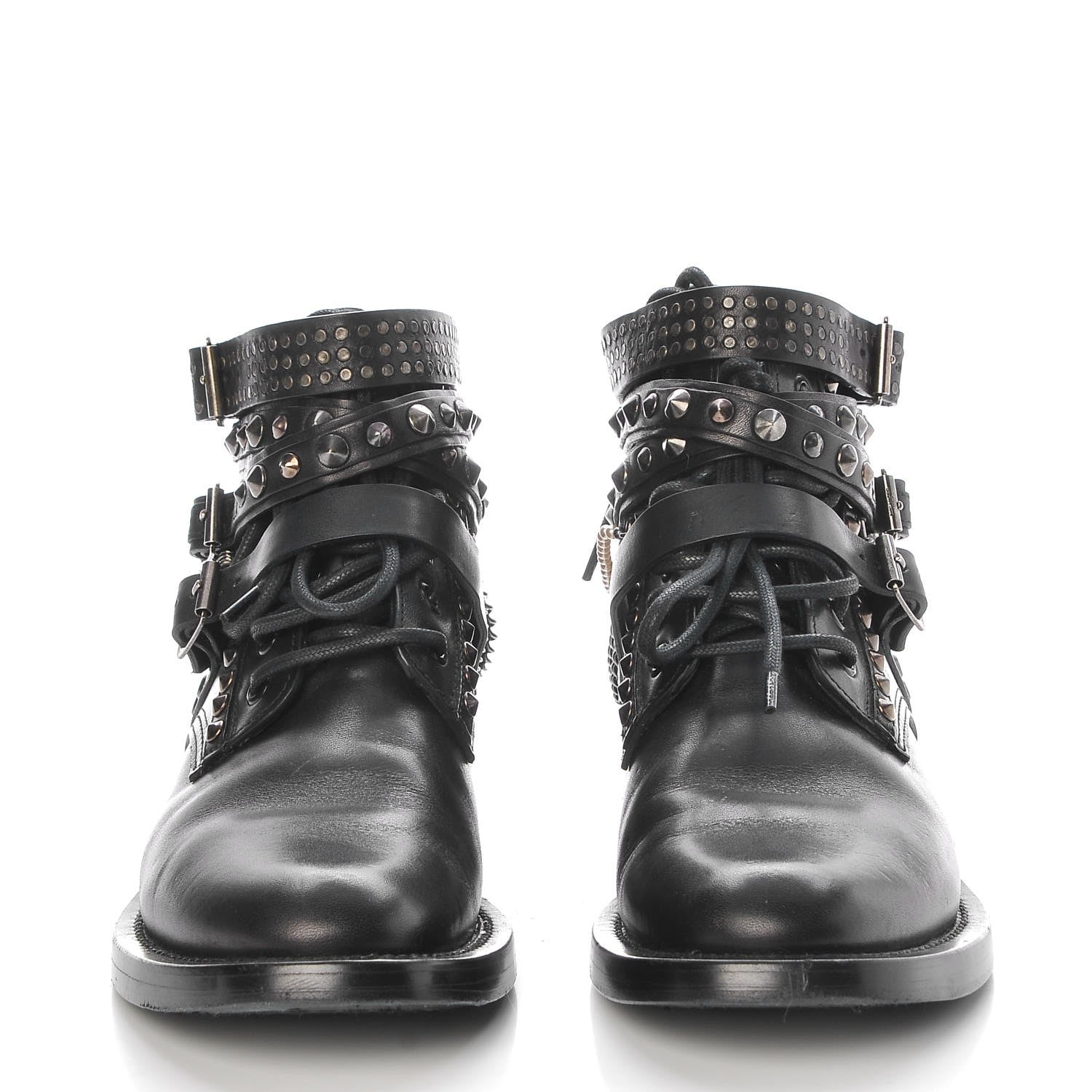 Saint Laurent Smooth Calfskin Studded Strap Ranger Boots 37.5 Black 2 of 16