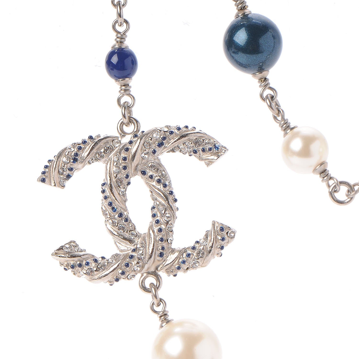 Chanel Pearl Bead CC Long Necklace Blue Silver 5 of 7