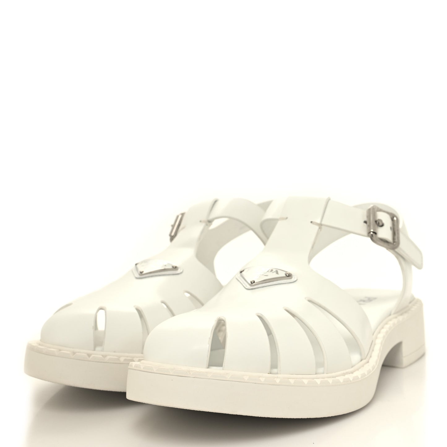 Brushed Calfskin Metal Triangle Logo Fisherman Mens Sandals 9 White
