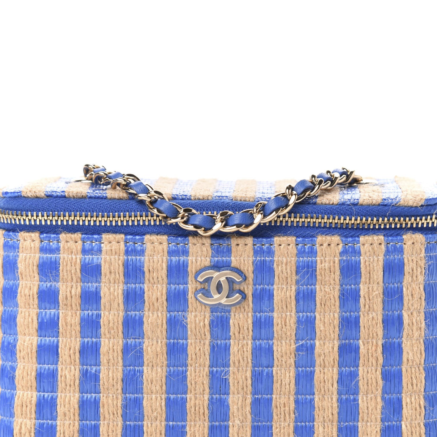 Raffia Jute Striped Small Vanity Case With Chain Blue Beige