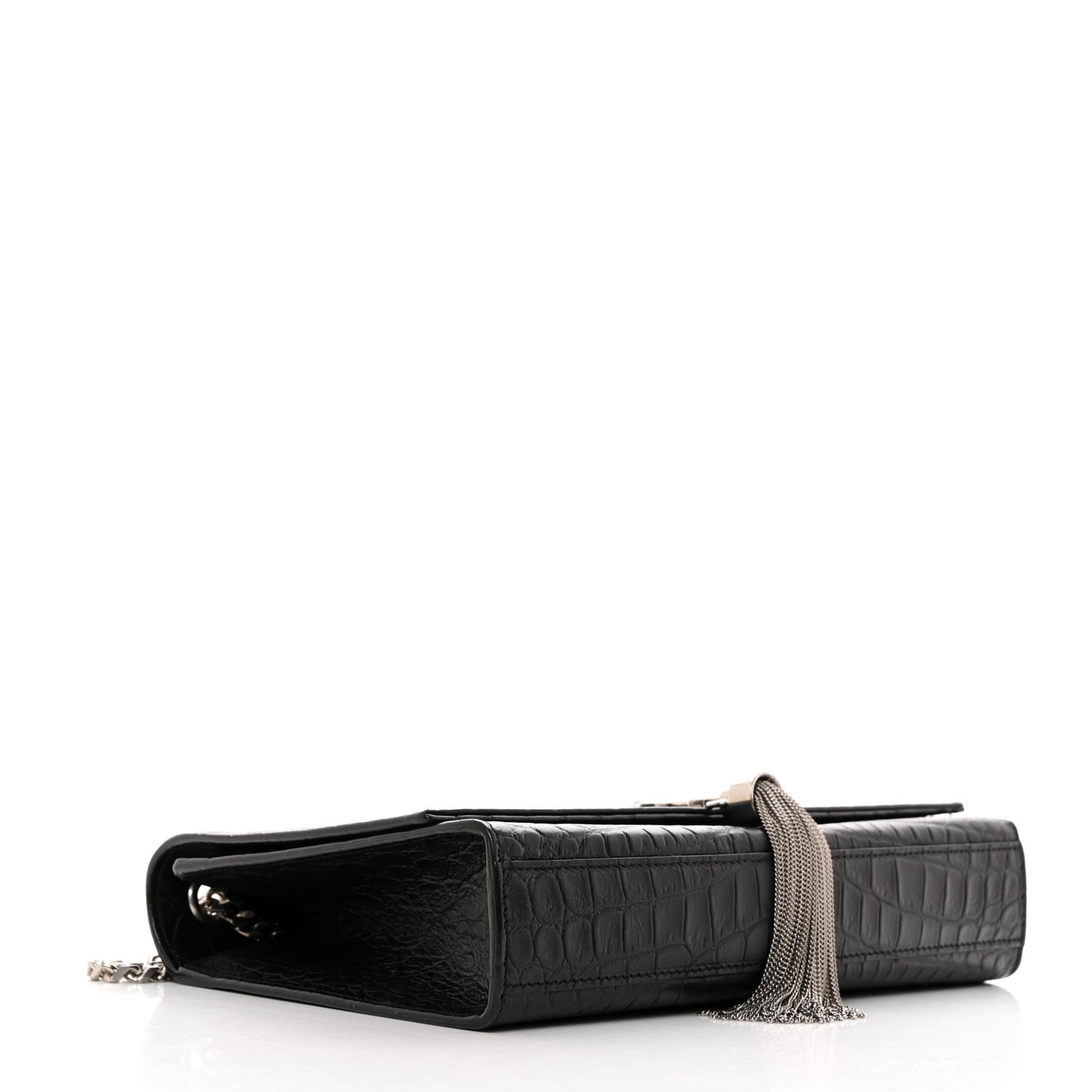 Calfskin Crocodile Embossed Medium Classic Monogram Kate Tassel Satchel Black
