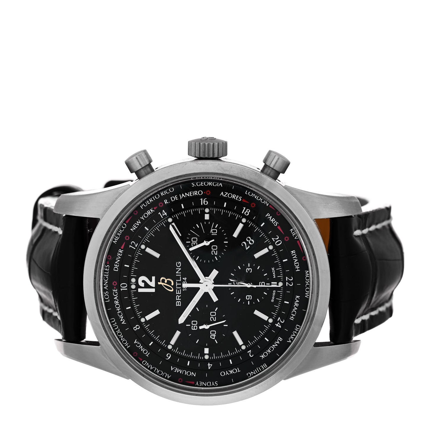 Stainless Steel Alligator 46mm Transocean Unitime Pilot Chronograph Automatic Watch Black AB0510U9/C879