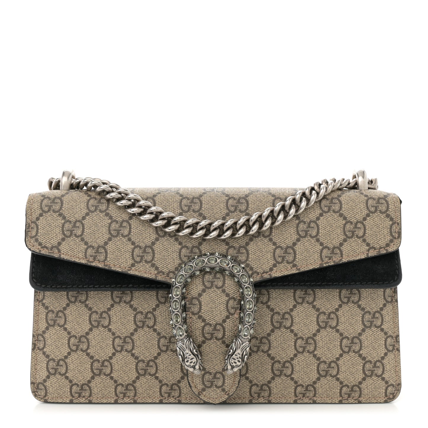 GG Supreme Monogram Suede Crystal Small Dionysus Shoulder Bag Beige Ebony Black