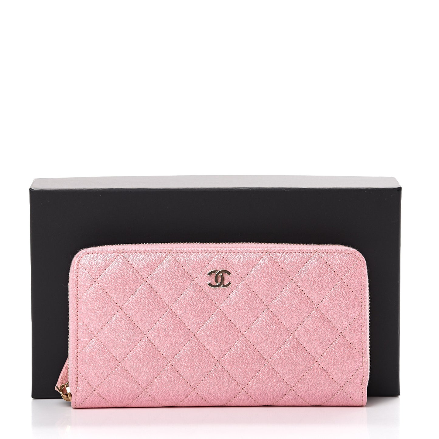 Iridescent Caviar Quilted Large Zip Around Wallet Pink