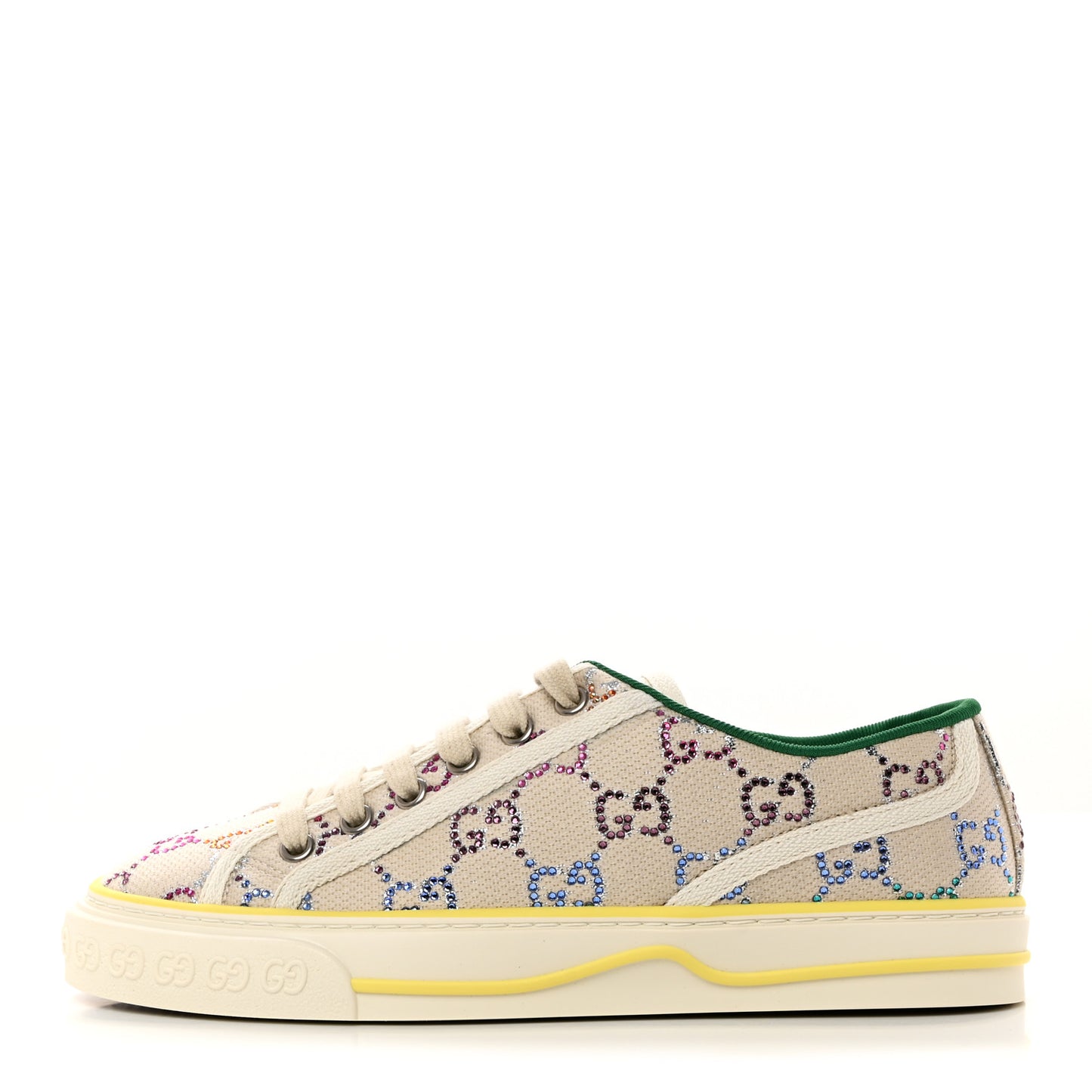 Canvas Lame Crystal GG Monogram Womens 1977 Tennis Sneakers 36.5 Gardenia Silver Mystic White