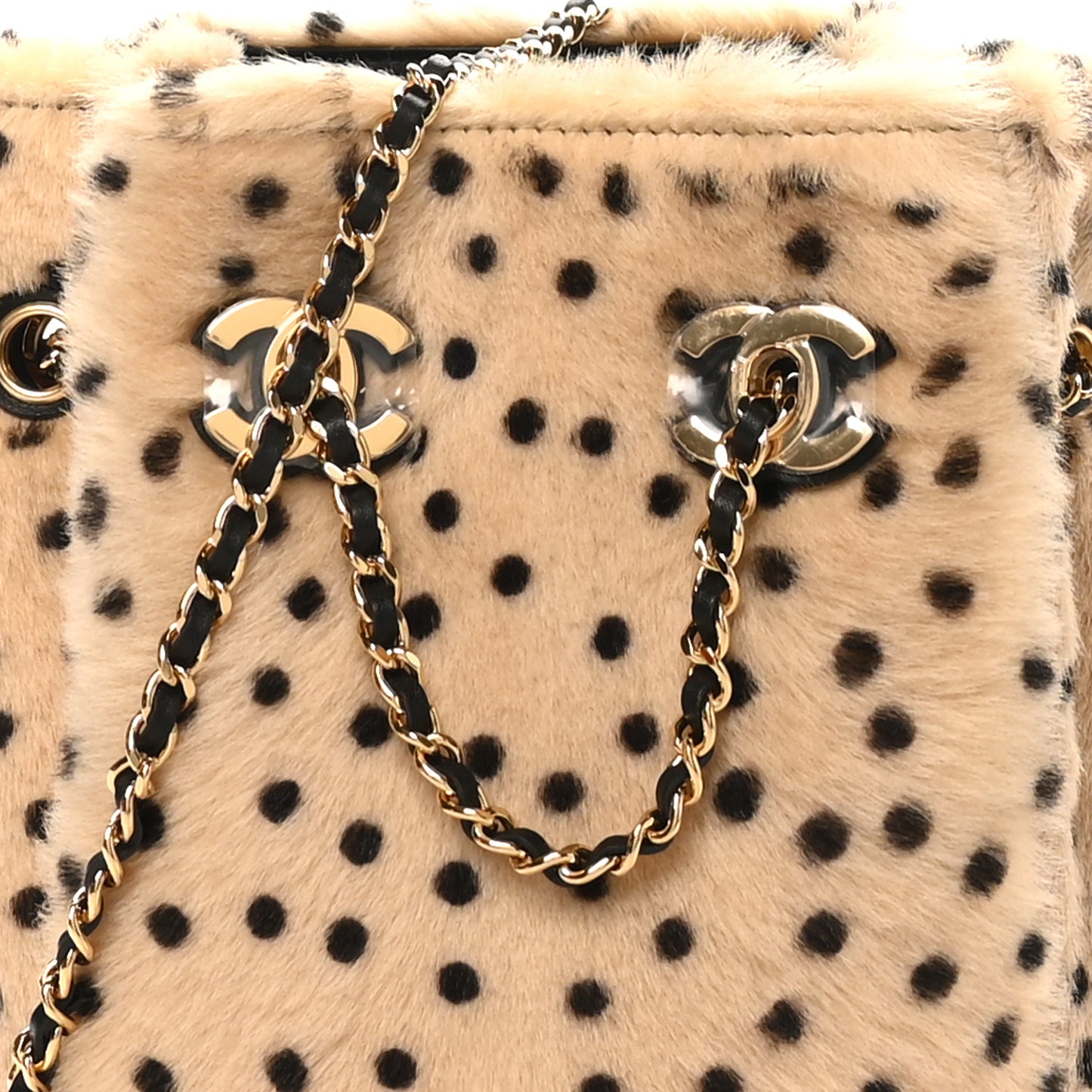 Pony Hair Cheetah Printed CC Chain Bucket Bag Light Beige Black