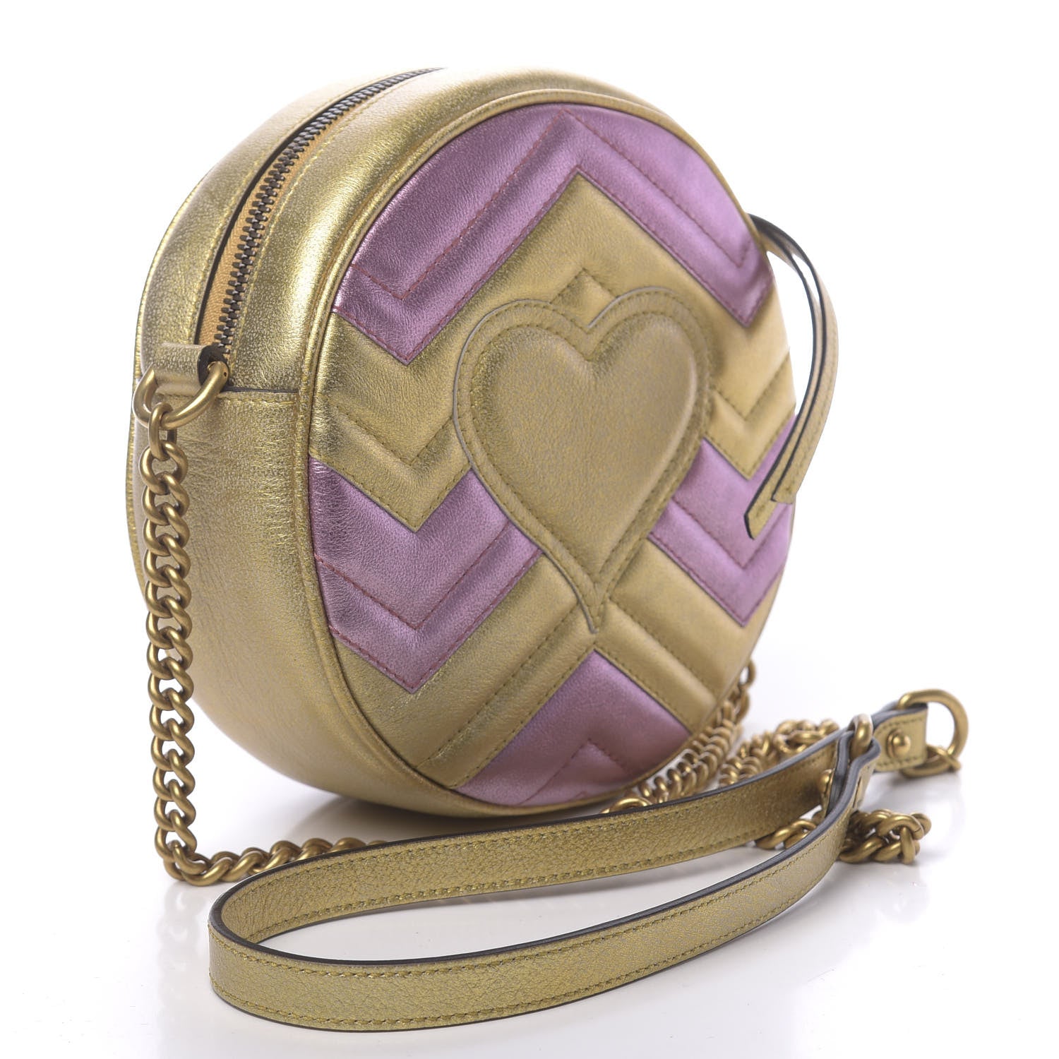 Gucci Metallic Calfskin Matelasse Mini GG Marmont Round Shoulder Bag Gold Pink 3 of 10