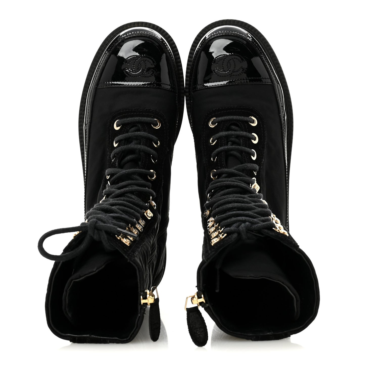 Nylon Suede Patent Calfskin Womens CC Lace Up Boots 36.5 Black