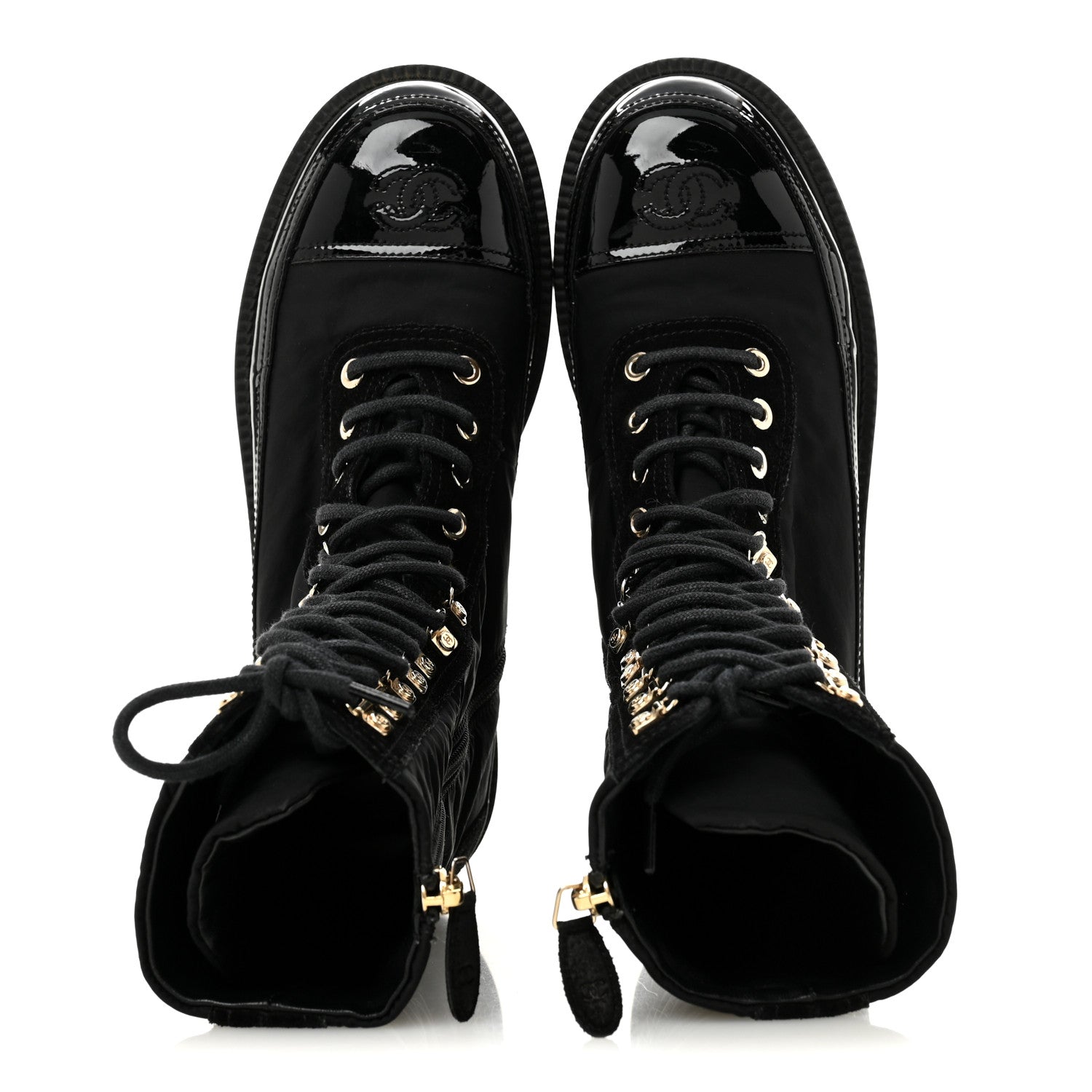 Chanel Nylon Suede Patent Calfskin Womens CC Lace Up Boots 36.5 Black 2 of 9