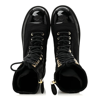 Chanel Nylon Suede Patent Calfskin Womens CC Lace Up Boots 36.5 Black 2 of 9