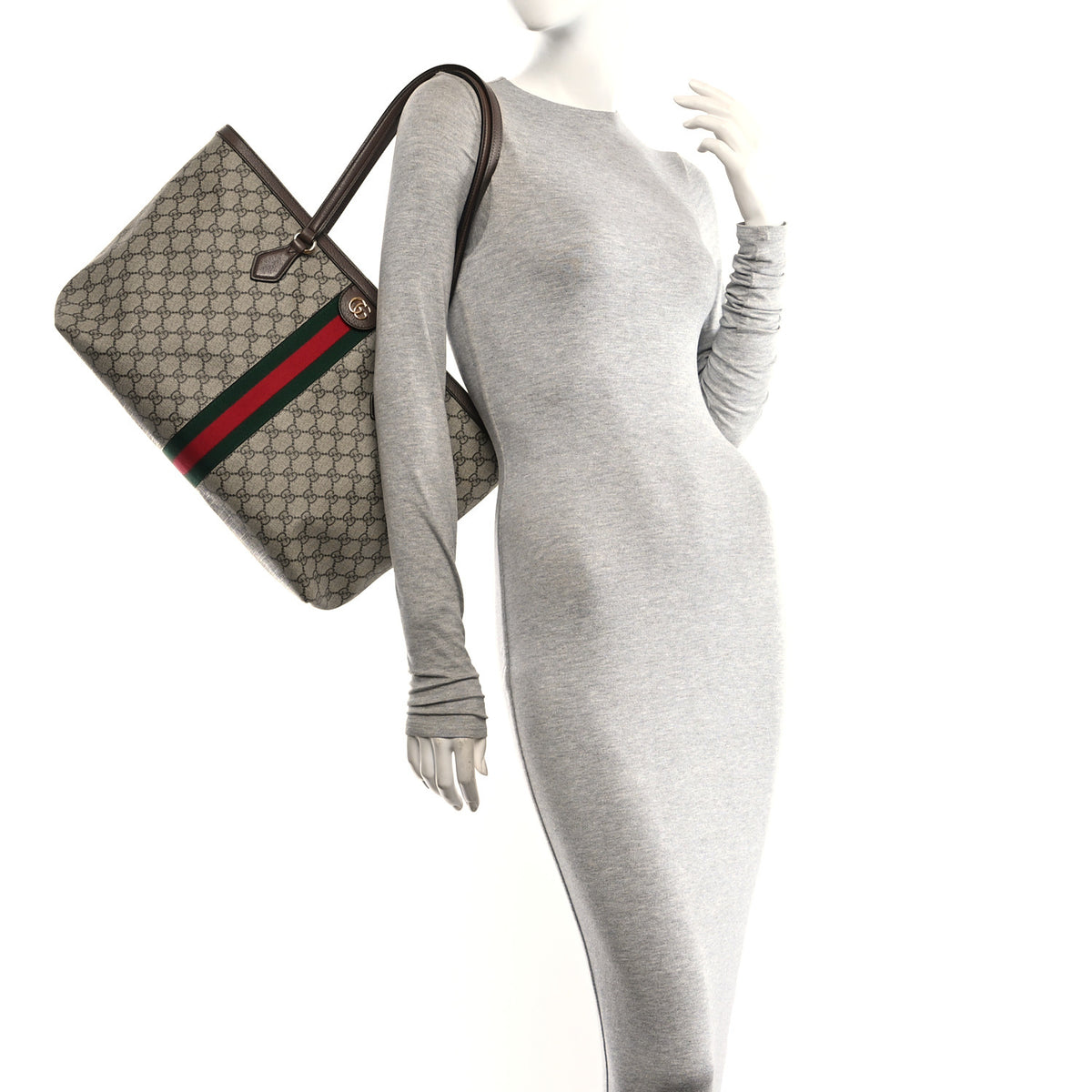Gucci GG Supreme Monogram Textured Calfskin Web Medium Ophidia Shopping Tote Beige Ebony New Acero 2 of 12