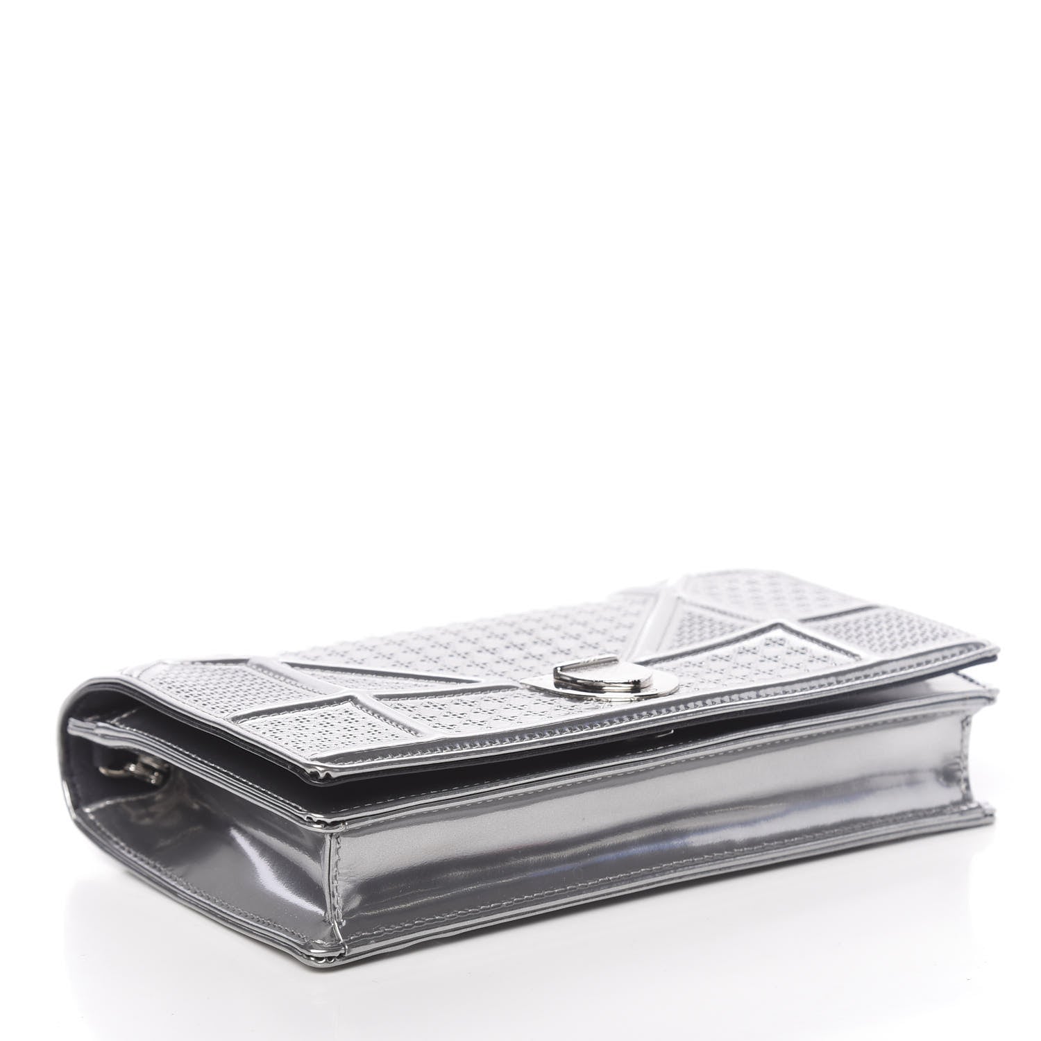 Christian Dior Metallic Patent Micro-Cannage Diorama Wallet on Chain Pouch Silver 4 of 10