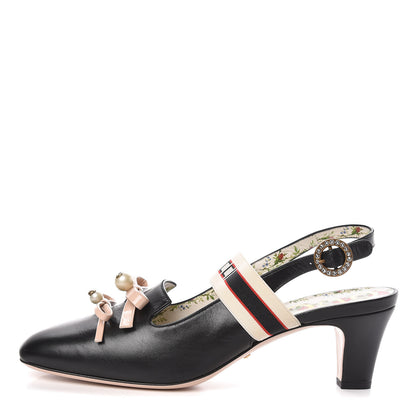 Gucci Malaga Kid Bow Ace Stripe Mid Heel Slingback Pumps 41 Black 1 of 10