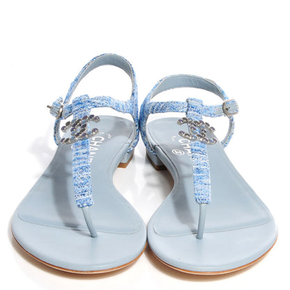 Chanel Fantasy Tweed CC Flat Sandals 37.5 Light Blue 2 of 8